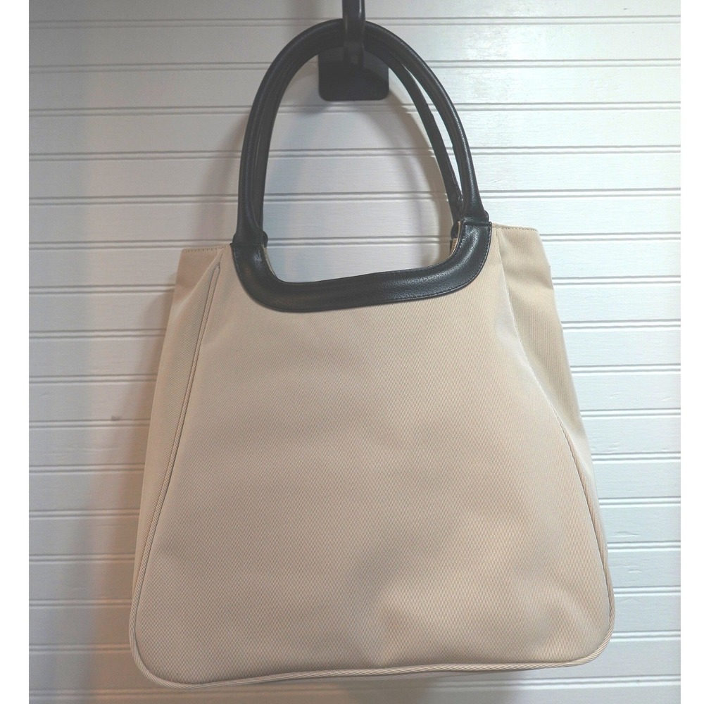 Vintage Estée Lauder Tote Bag Beige Canvas Black Faux Leather Handle Purse